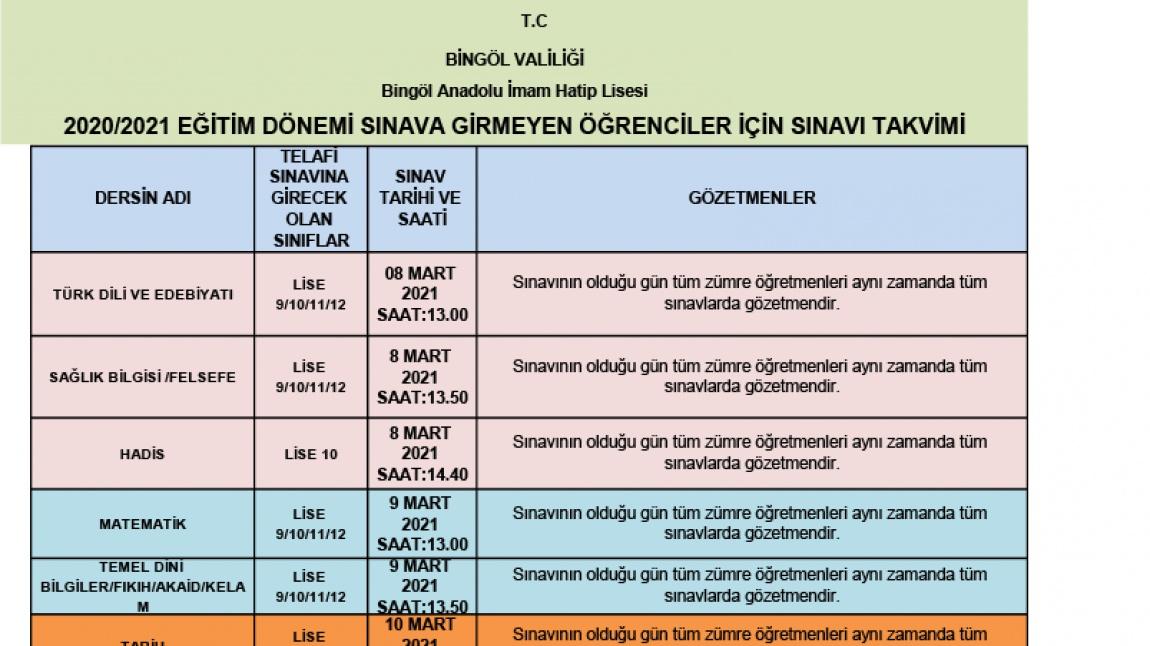 09 03 2021 tarihinden itibaren 2020 2021 egitim donemi sinava girmeyen ogrenciler icin sinavi takvimi bingol anadolu imam hatip lisesi